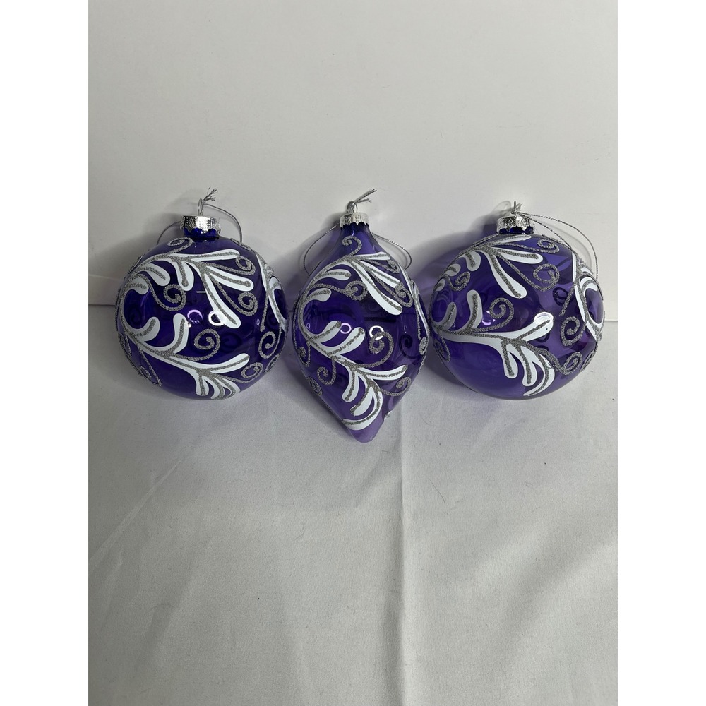 Sullivan Gift Set of‎ 3 Purple Glass Ornaments Silver Swirl Design